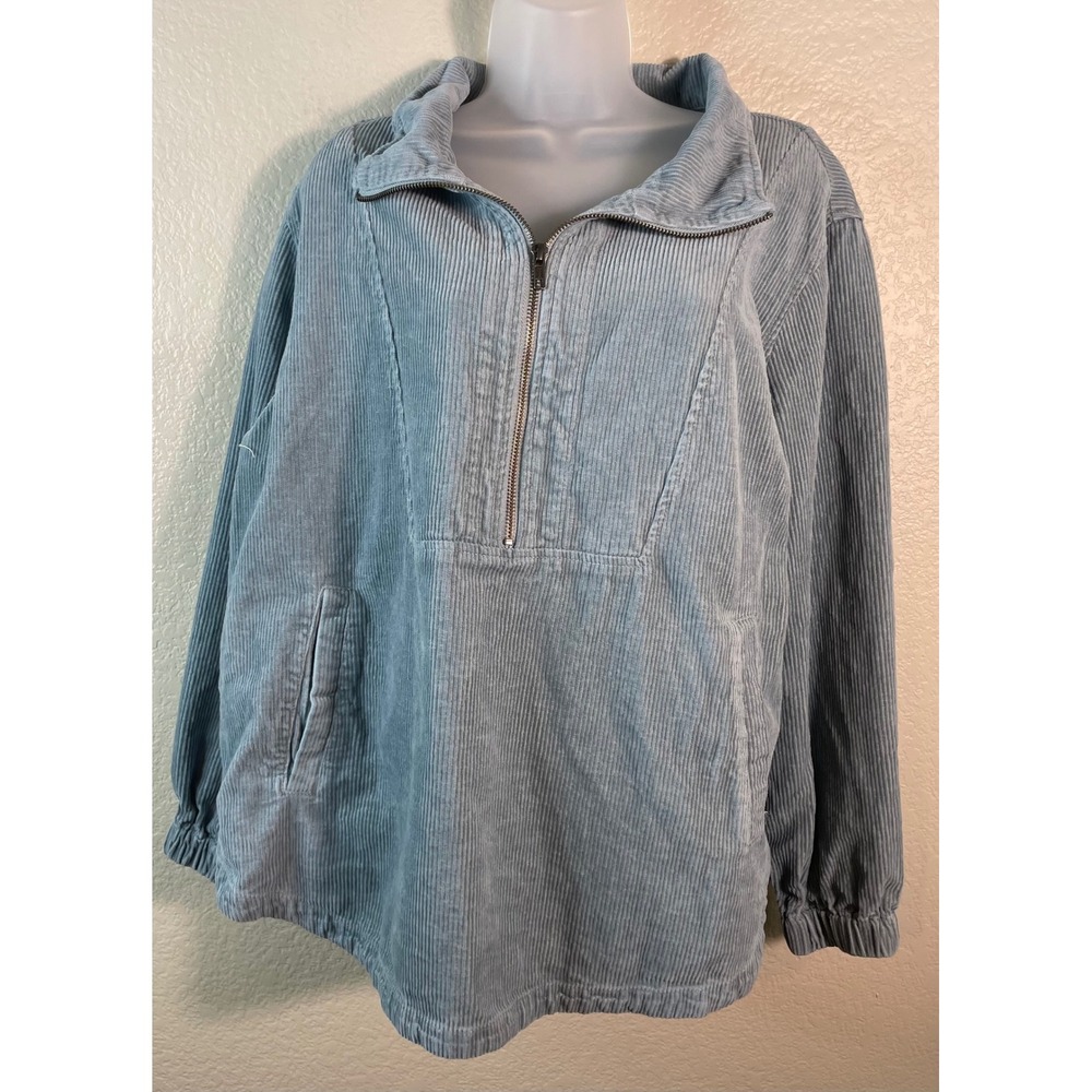 Poetry Womens 14 Pullover Top Blue Corduroy Hemp Organic Cotton Yak Quarter Zip